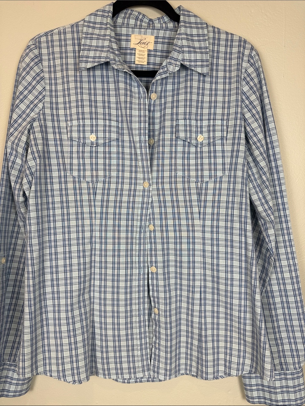 Levi's Retro Blue Plaid Button Down Shirt Size Large L EUC Flap Pockets